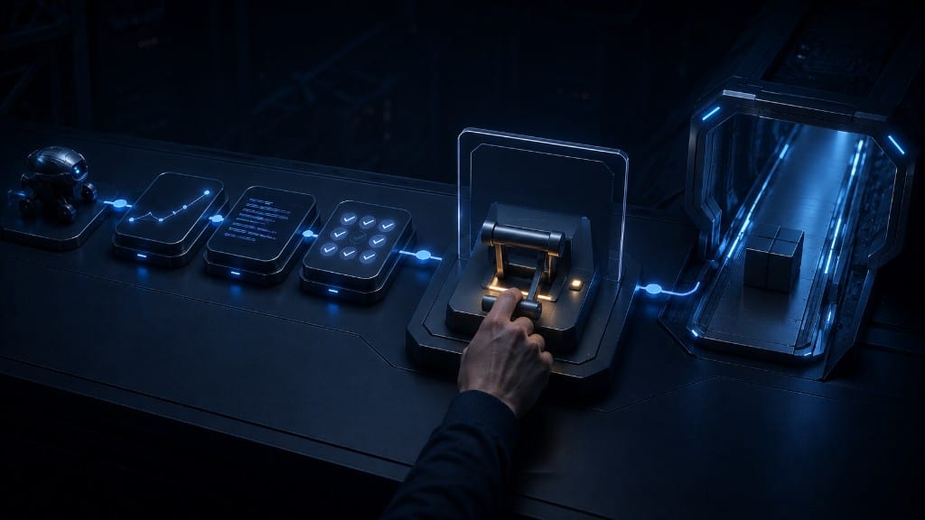 An agent prepares a fix, runs tests, then stops at a human approval gate before deployment
