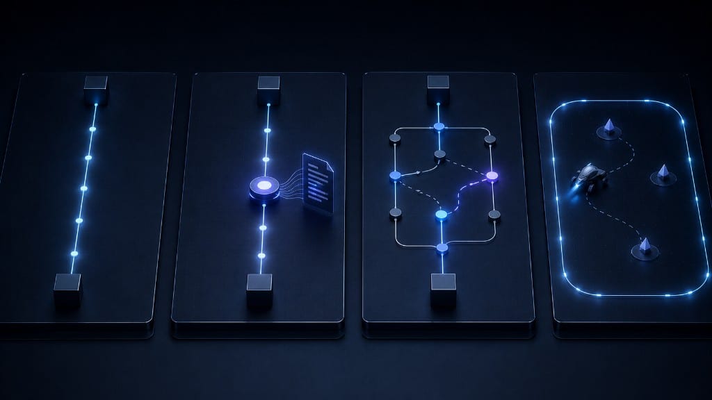 Four execution architectures, from fixed automation to a bounded autonomous agent