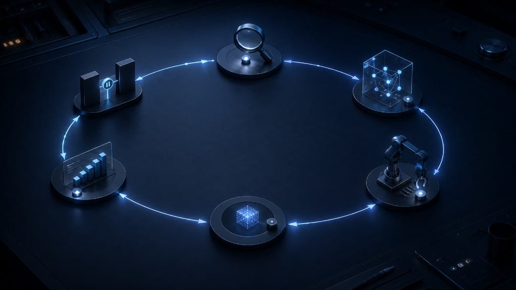 An agent loop: observe, analyze, choose an action, use a tool, reassess