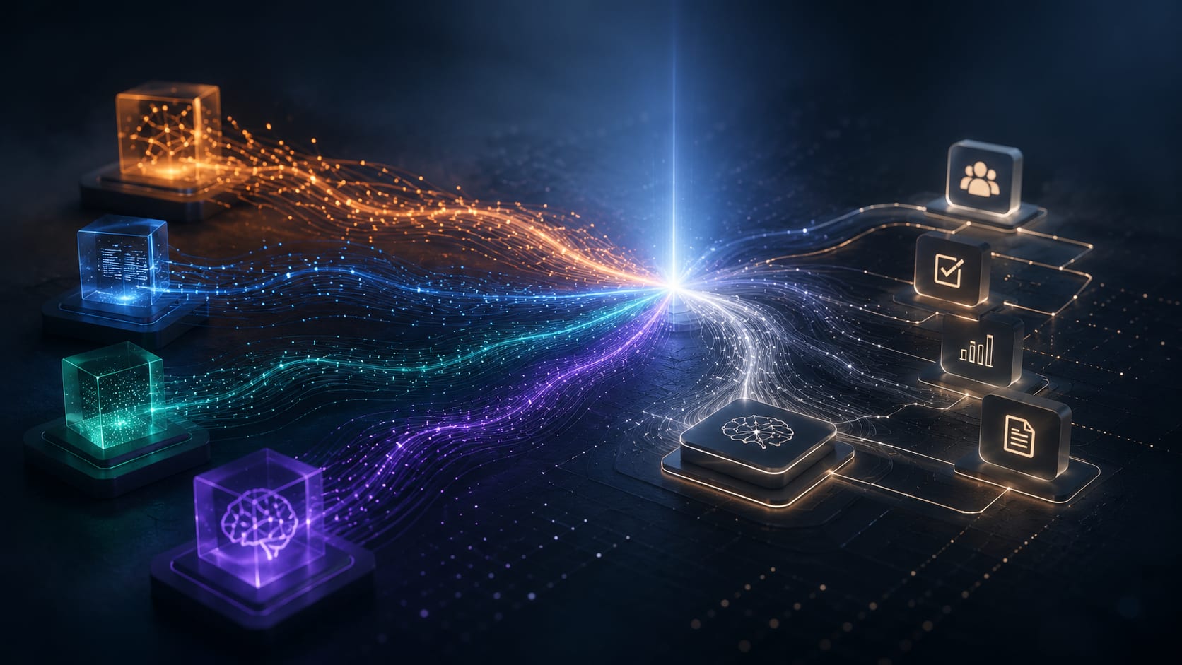 Several AI models converging into one orchestration layer that routes work to the right tasks