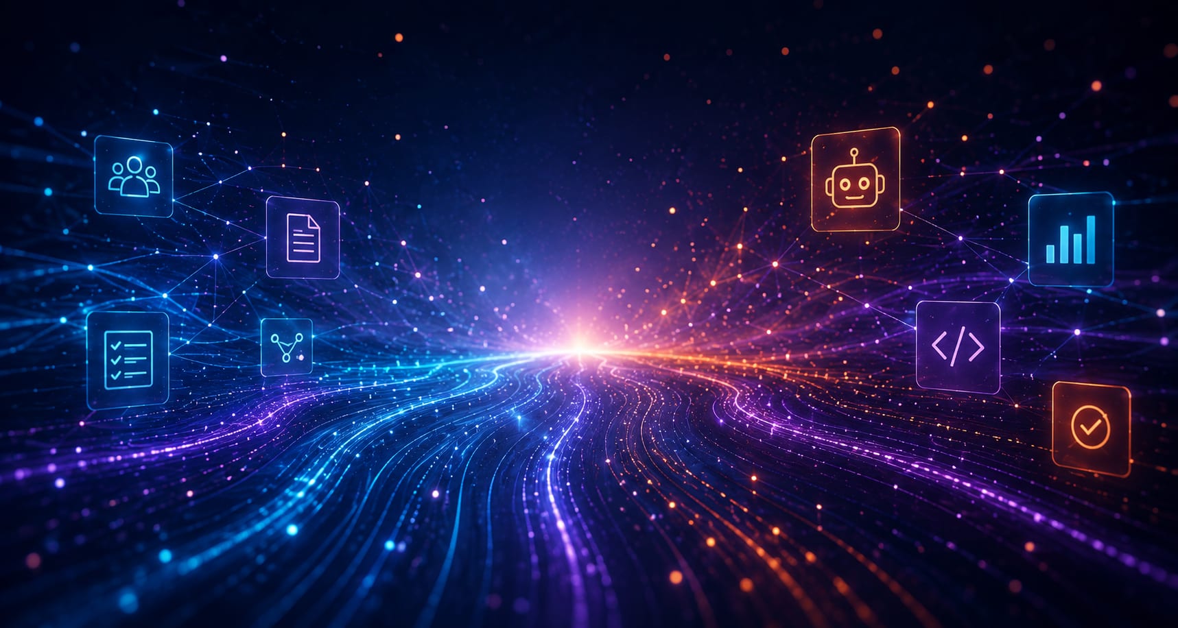 Data streams converging into a team's shared context: documents, tasks and AI agents linked to one memory