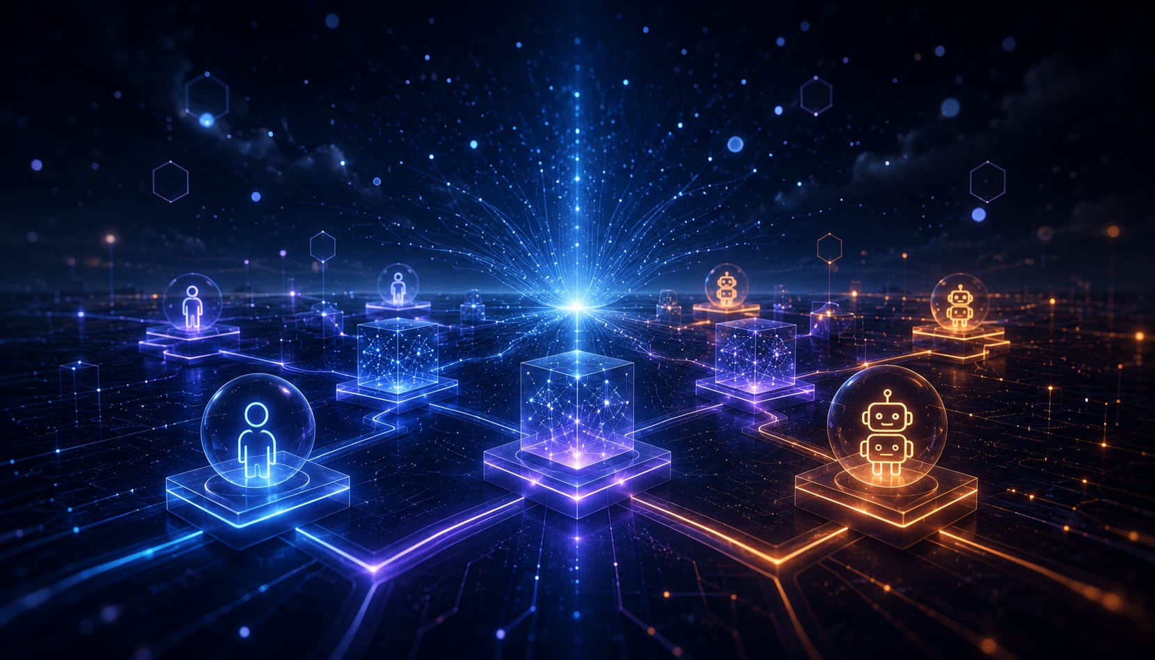 Humans and AI agents on specialized, connected stations around one coordination core
