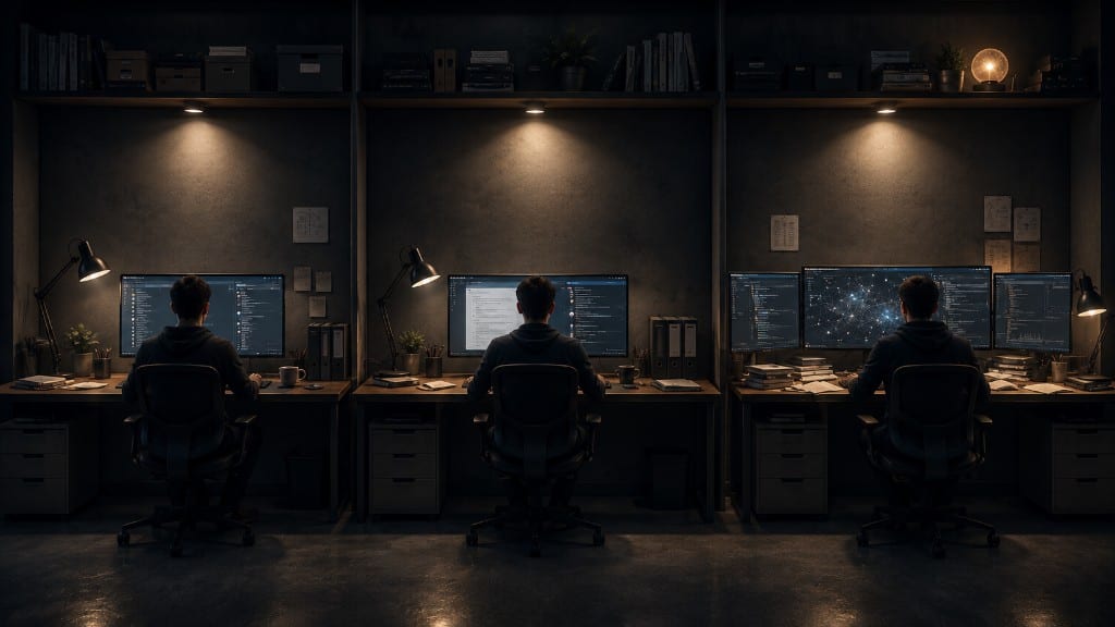Three desks in one workspace: two everyday single-monitor missions and one complex triple-monitor investigation