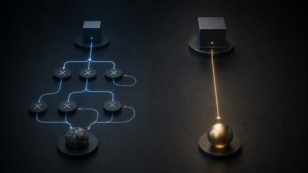 Cost per successful mission: a branching retry path on the left versus a direct finished run on the right