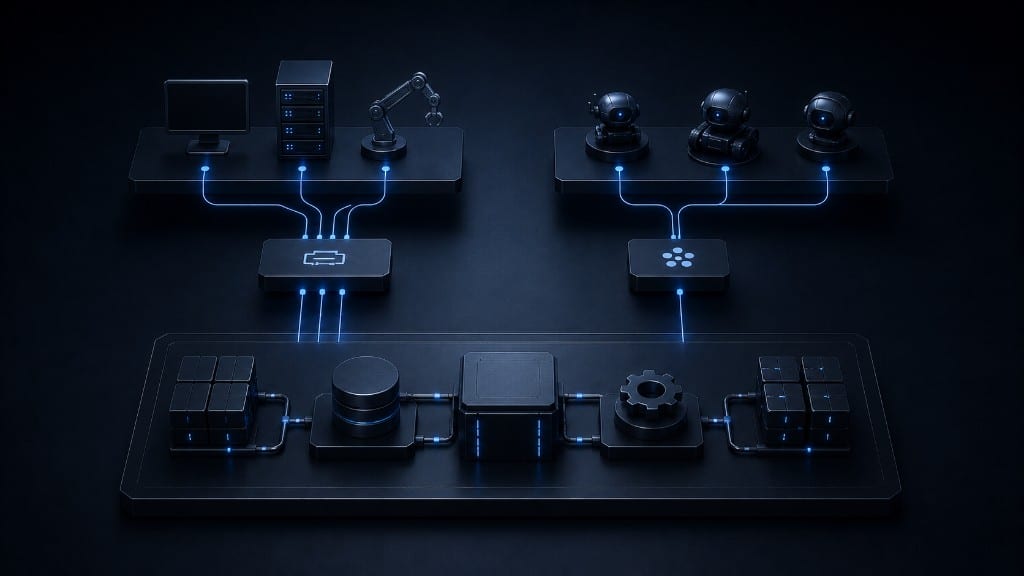 Hybrid architecture with apps and automations connected to an API, and AI agents using an MCP layer