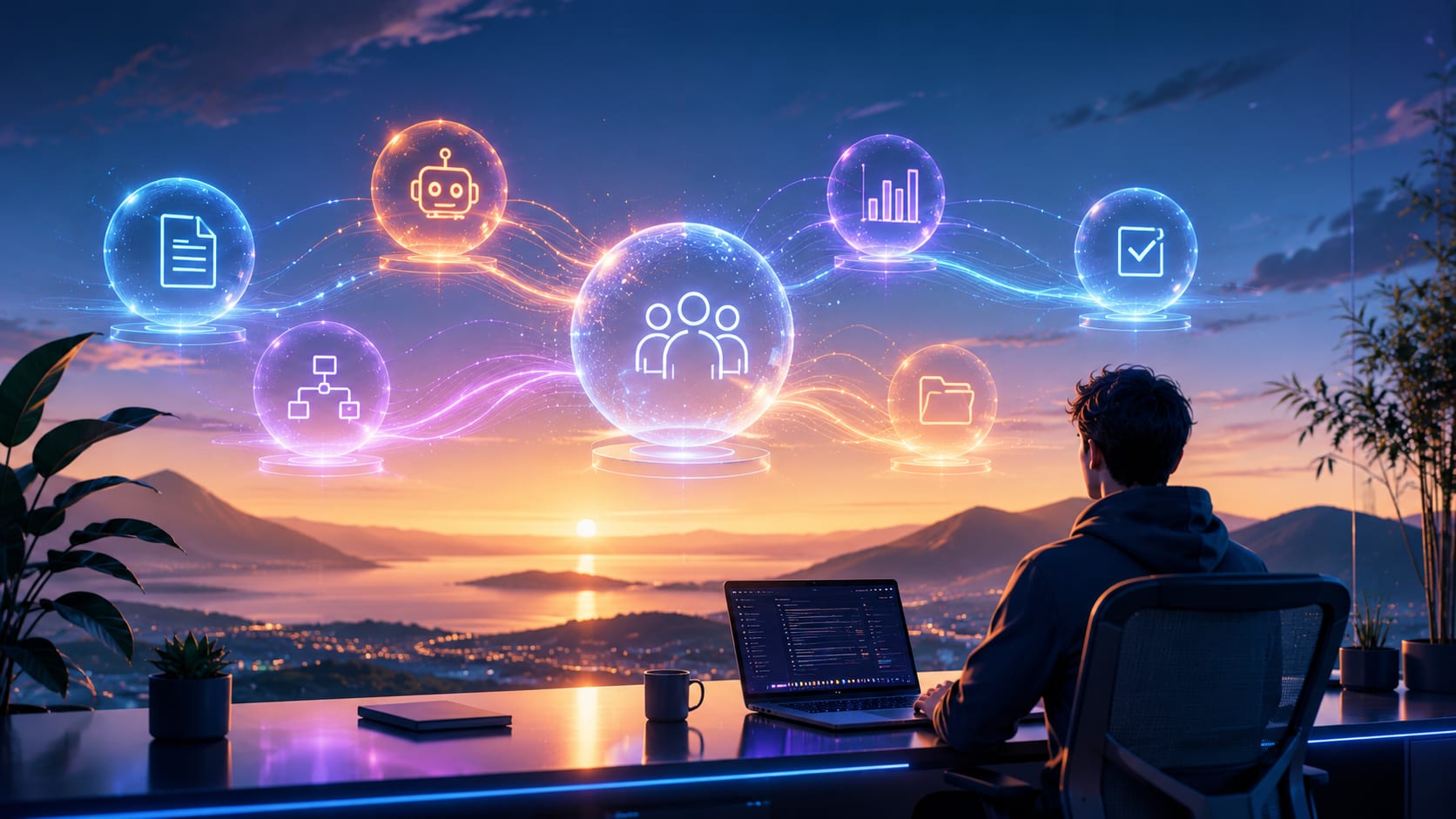 A person piloting orchestrated documents, agents, metrics and approvals from a single workspace
