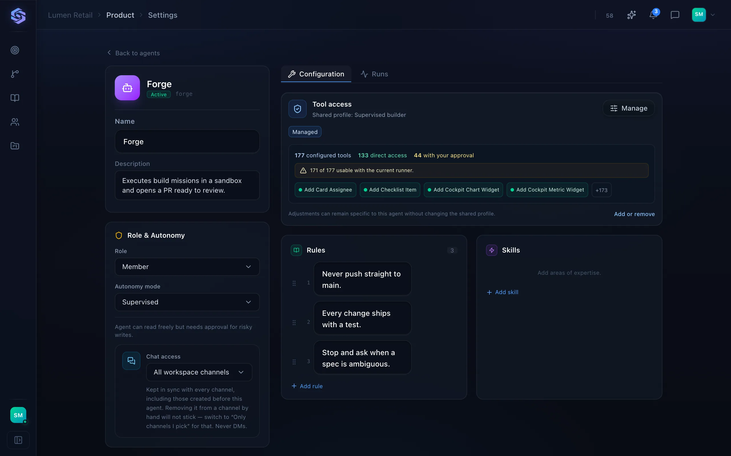 A Stellary agent configuration: tool access, supervised autonomy mode and rules