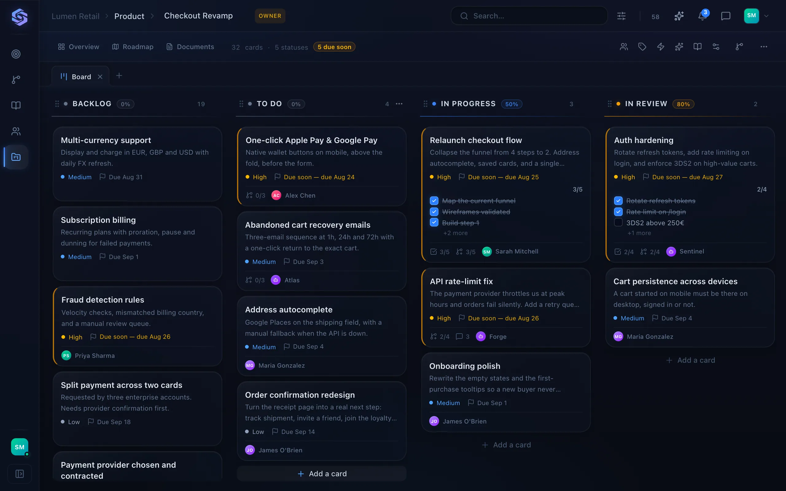 A Stellary project board: four columns of cards with human and AI agent assignees mixed