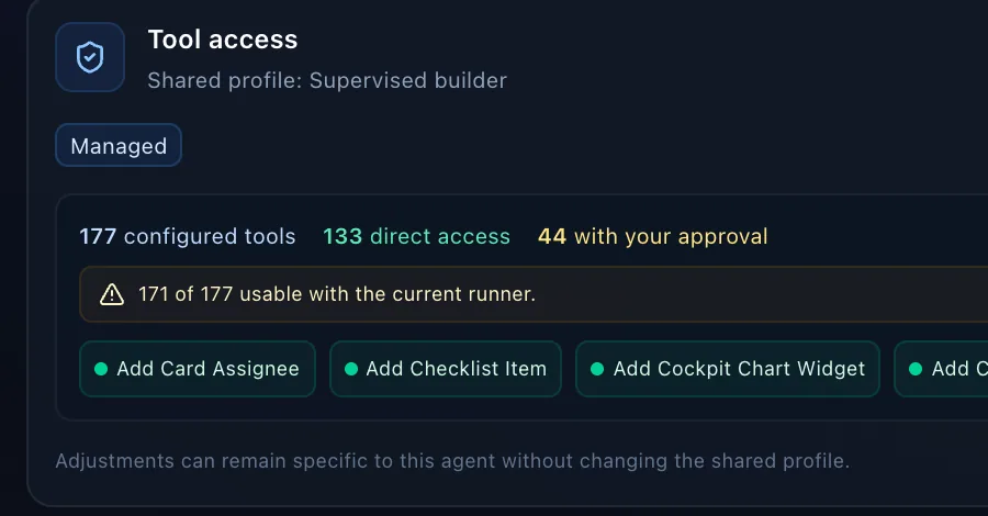 A Stellary agent configuration: tool access, supervised autonomy mode and rules