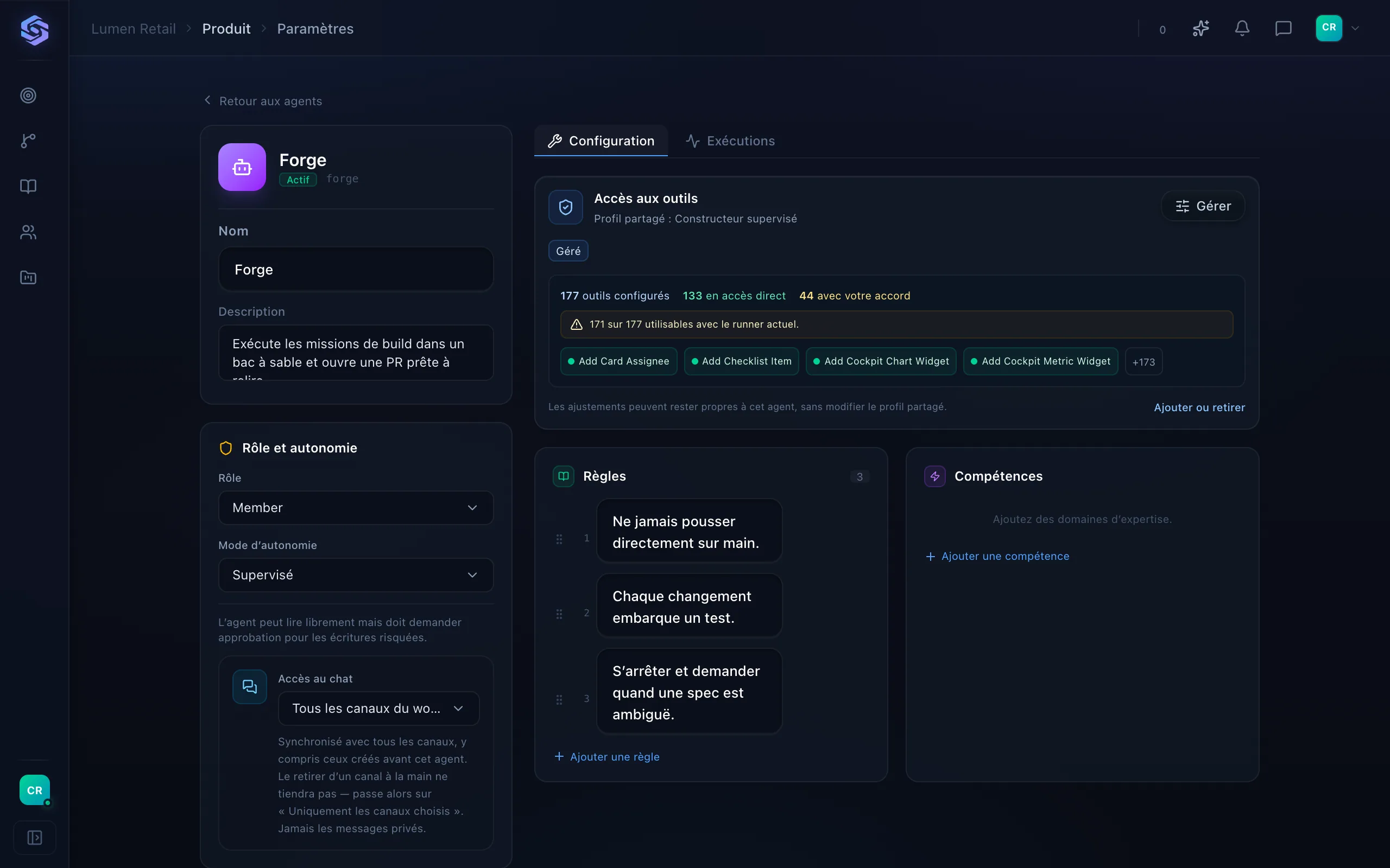 La configuration d’un agent Stellary : accès aux outils, mode d’autonomie supervisé et règles