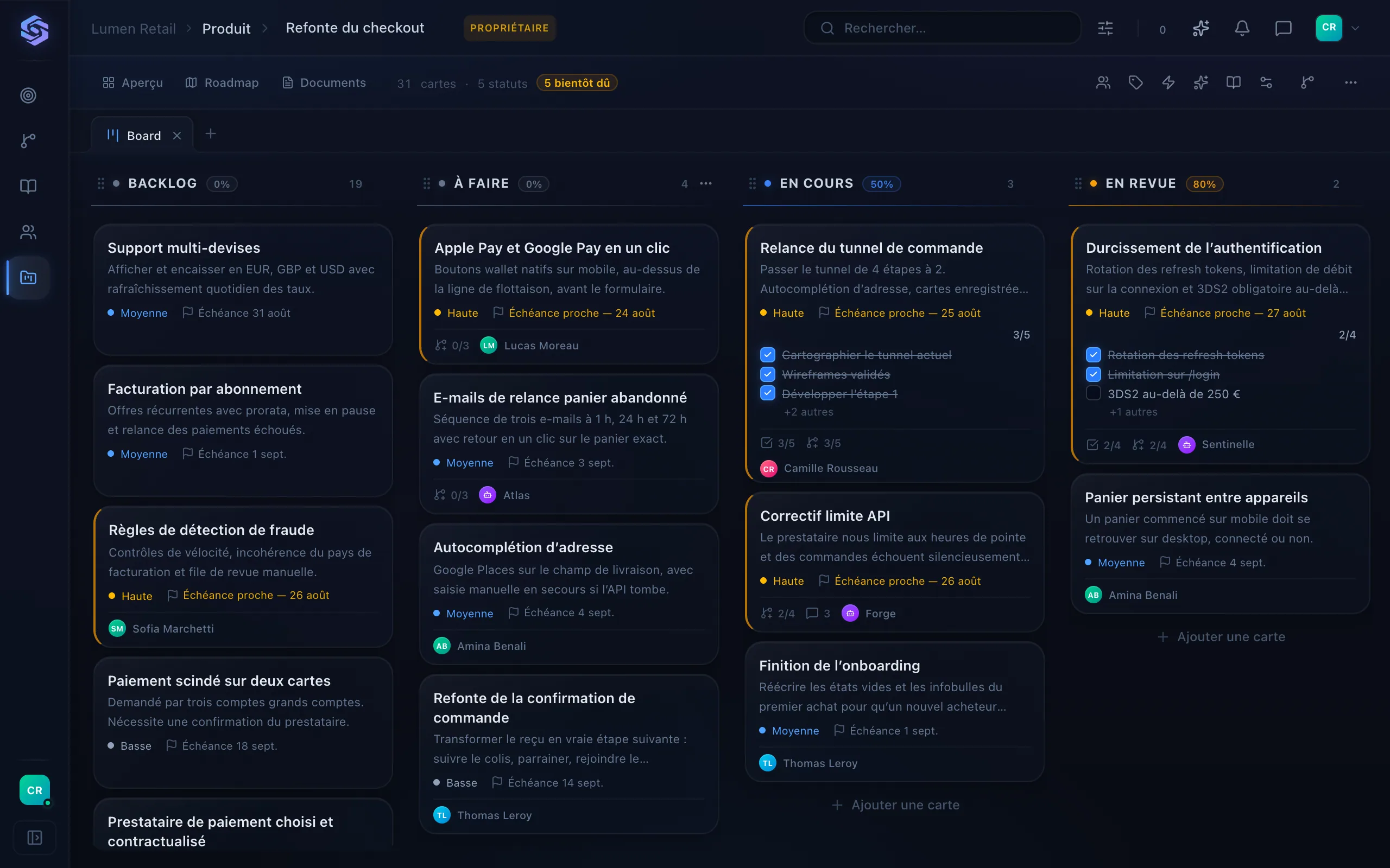 Un board projet Stellary : quatre colonnes de cartes avec des assignés humains et agents IA mélangés