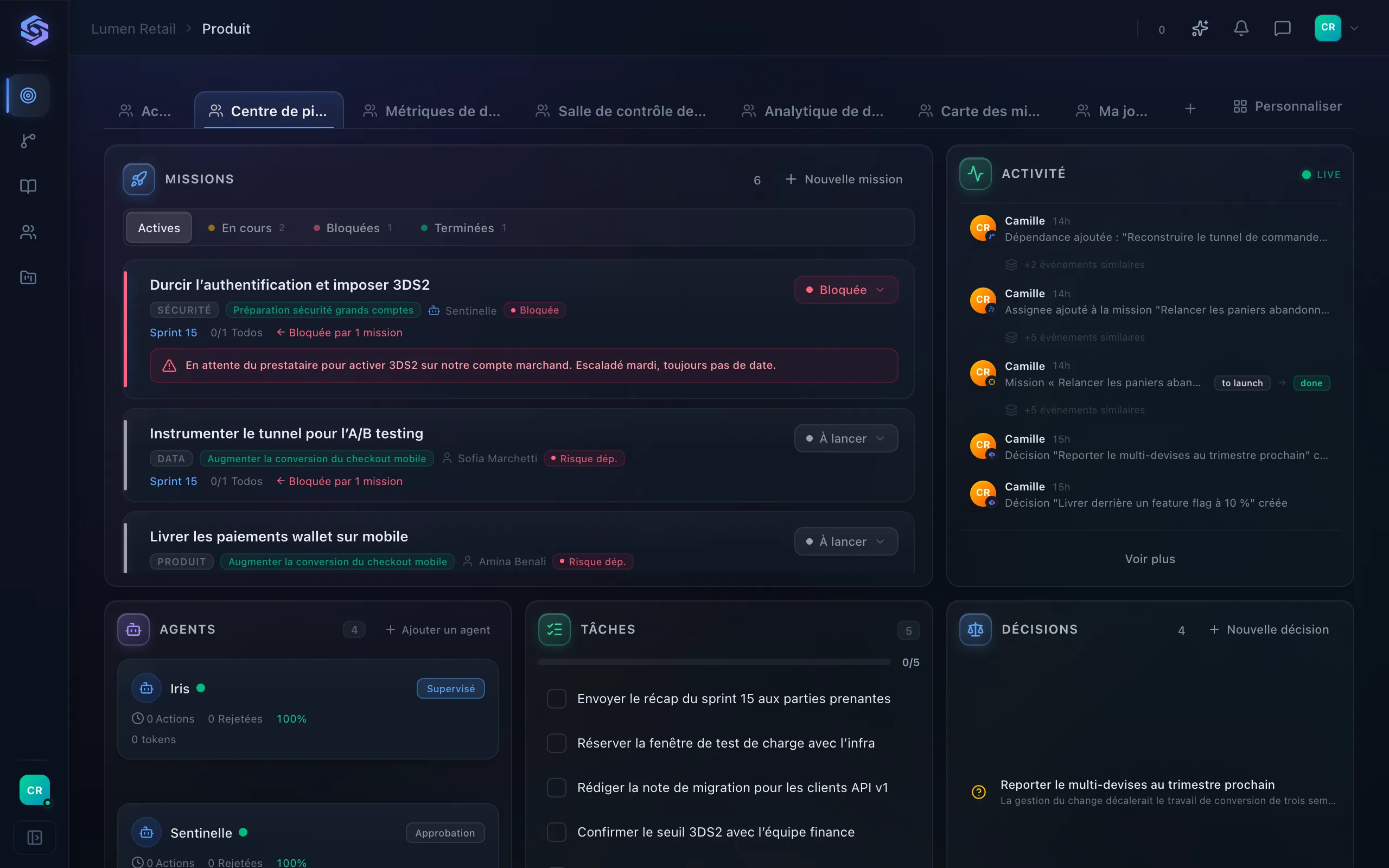 Un cockpit Stellary sur le workspace de démonstration : liste des missions dont une bloquée, agents, tâches, décisions et latence des validations.