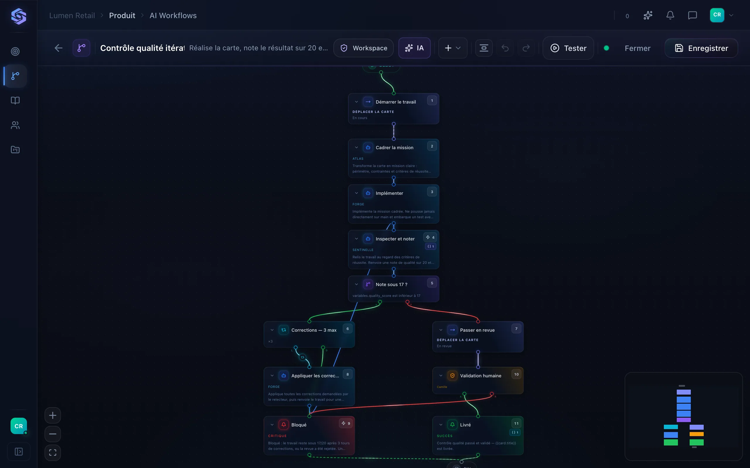 L’éditeur AI Workflows de Stellary, ouvert sur le circuit « Contrôle qualité itératif » : étapes d’agents, note sous 17, boucle de corrections et validation humaine